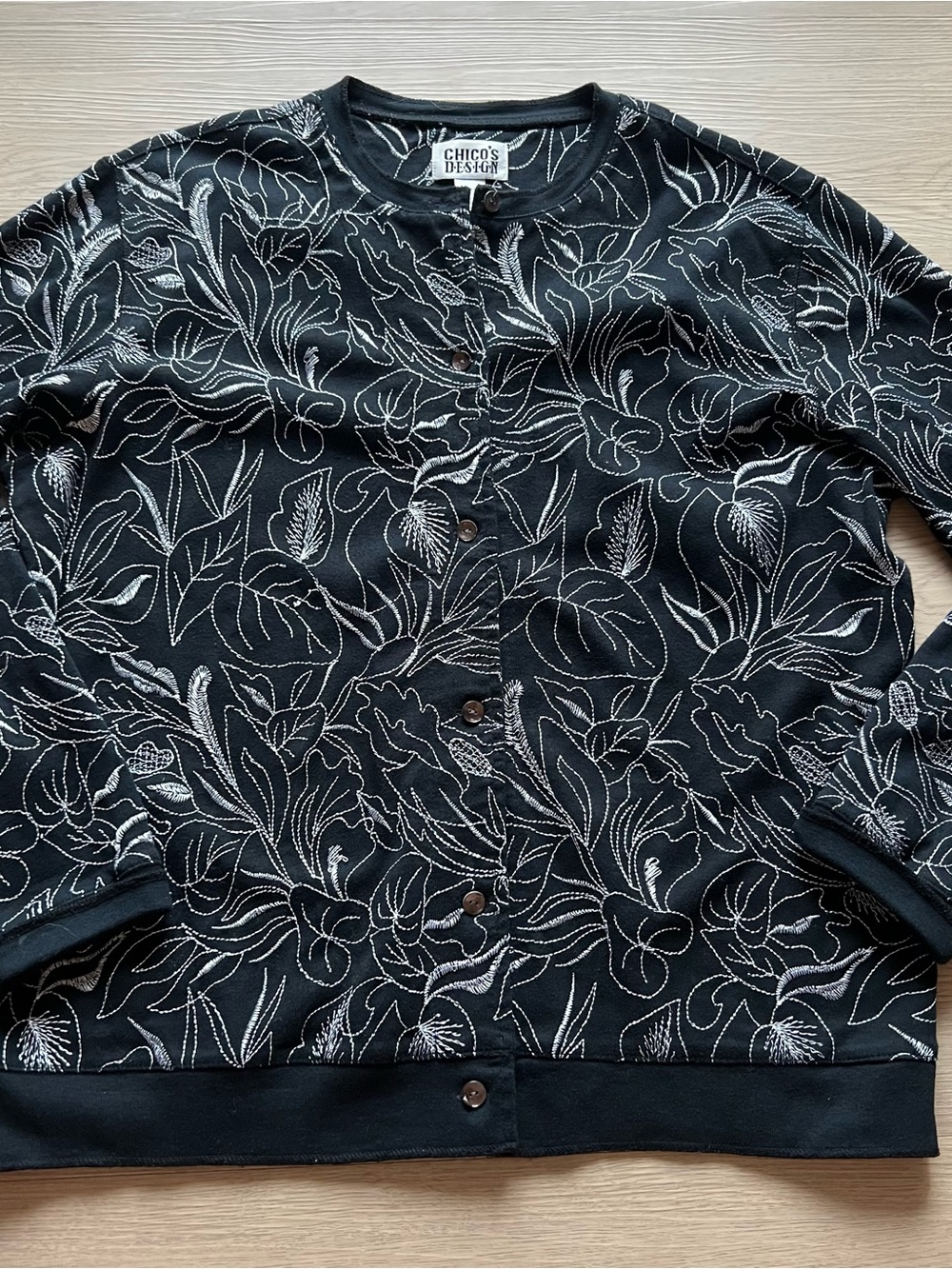 Chico’s Black and White Embroidered Button Up